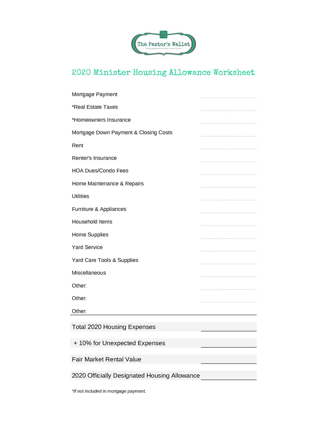 Pastor Housing Allowance Worksheet